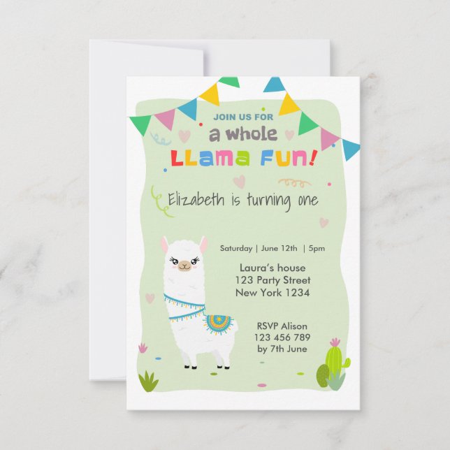 Convites Cute Llama Birthday (Frente)