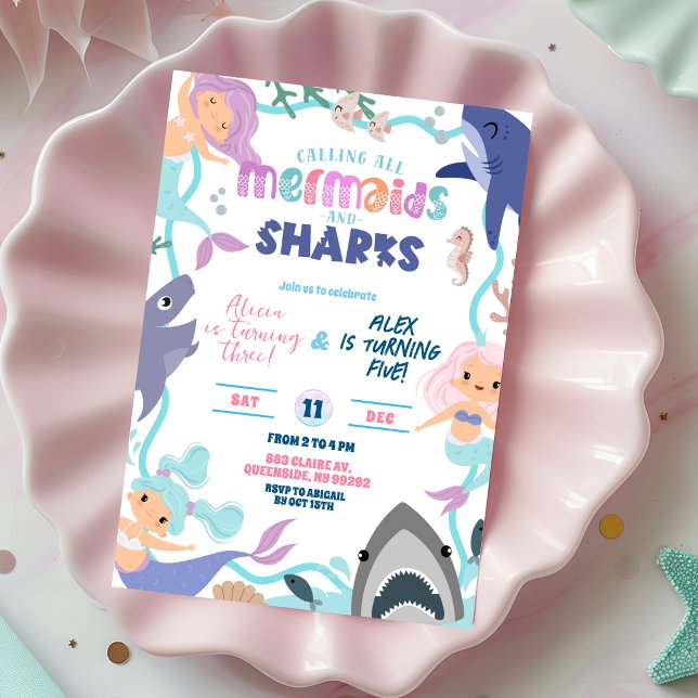 Convites Cute Mermaid and Sharks Joint Birthday invitation (Criador carregado)