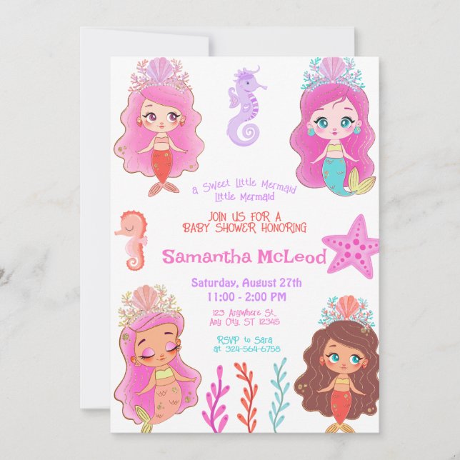 Convites Cute Mermaid Baby Shower Under the Sea Baby Girl  (Frente)