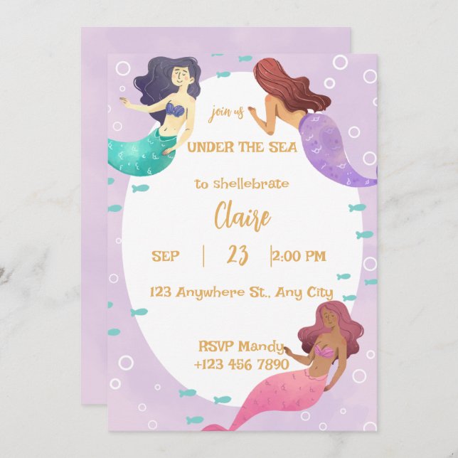 Convites Cute Mermaid Birthday Invitation (Frente/Verso)