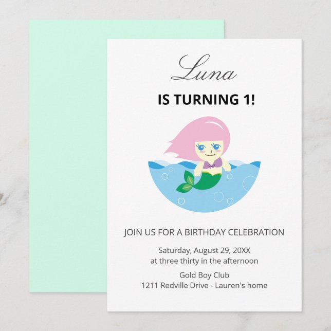 Convites Cute Mermaid Queen Under the sea 1st Birthday  (Frente/Verso)