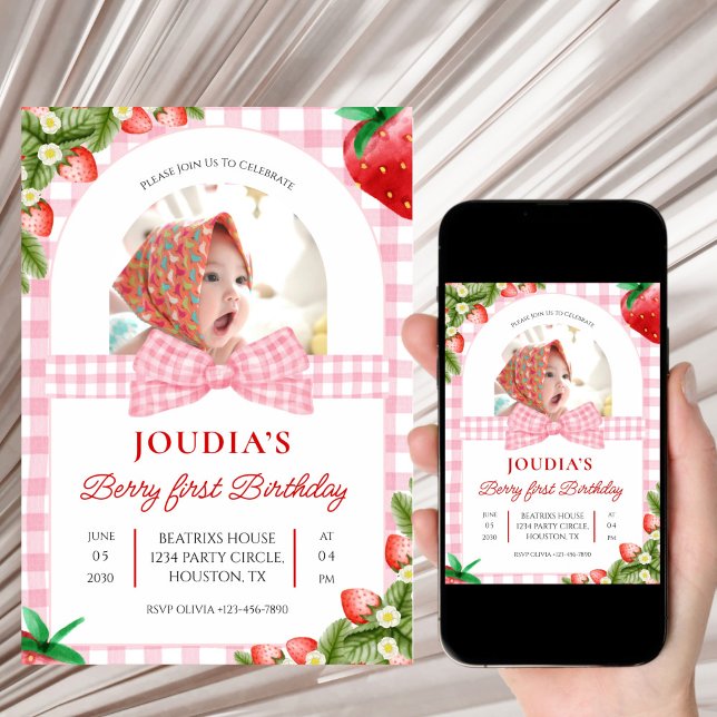 Convites cute minimalist Watercolor  Berry First birthday (Criador carregado)