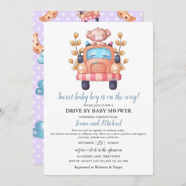 Convites Cute Monkey Boy Baby Shower Drive Through   (Frente/Verso)