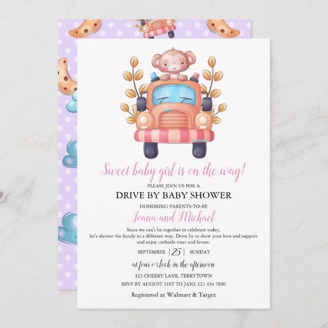 Convites Cute Monkey Girl Baby Shower Drive Through    (Frente/Verso)