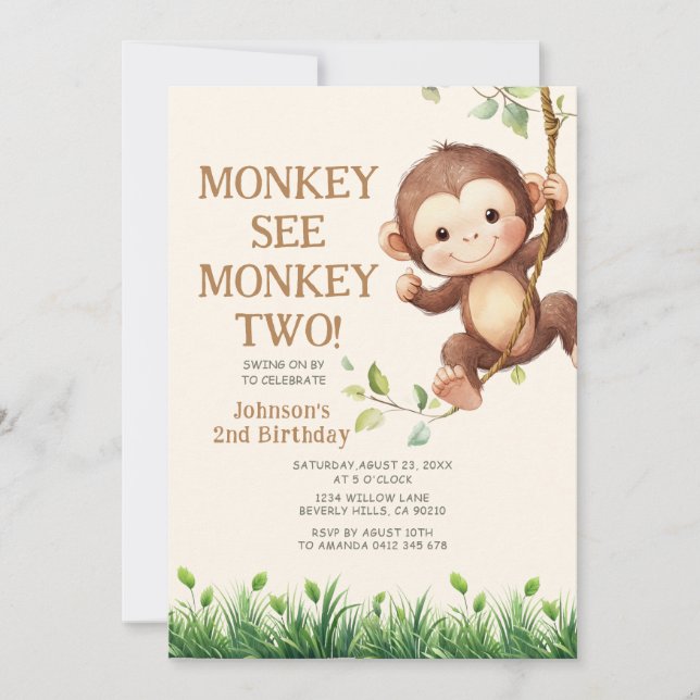 Convites Cute Monkey See Monkey Two Safari 2nd Birthday (Frente)