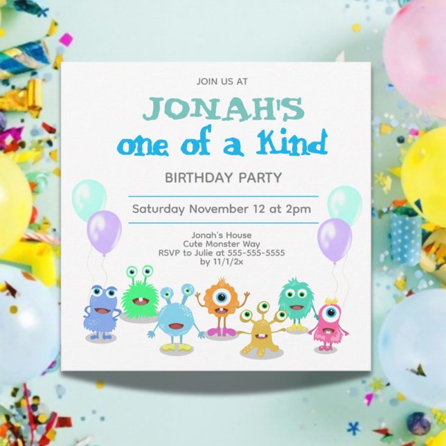 Convites Cute Monsters One Of A Kind Birthday Invitation (Cute Little Monsters Photo Birthday Party Invitation)