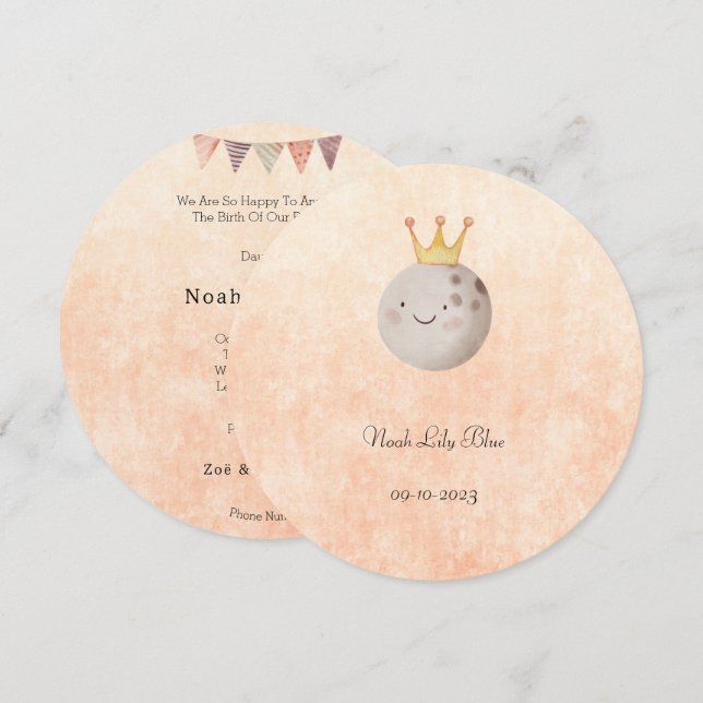 Convites Cute Moon With Crown Baby Girl Card (Frente/Verso)