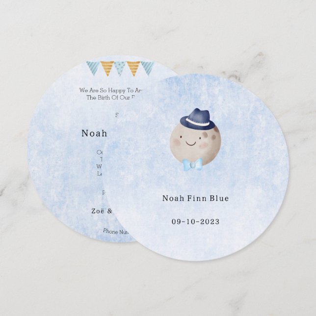 Convites Cute Moon With Hat And Bow Baby Boy Card (Frente/Verso)