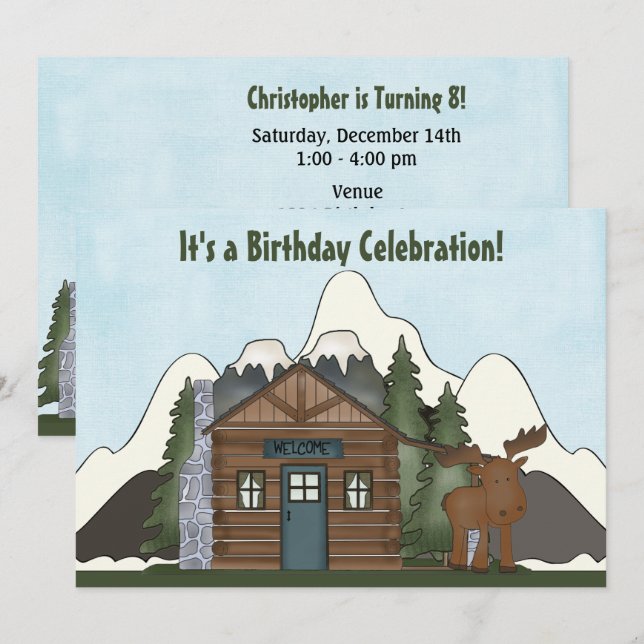 Convites Cute Mountain Cabin and Moose Birthday Inves (Frente/Verso)