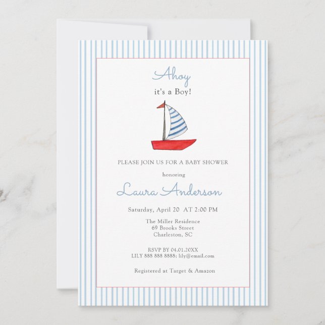 Convites Cute Nautical boat Baby boy Baby shower (Frente)