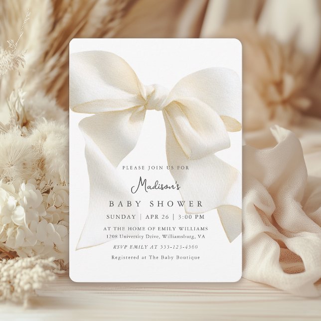 Convites Cute Neutral Ivory Coquette Bow Baby Shower (Invitation may be ordered in both printed and instant download digital formats.)