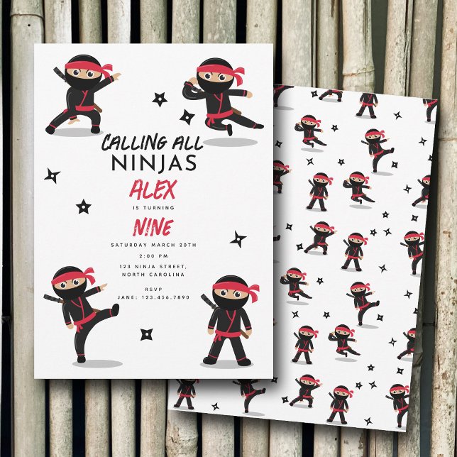 Convites Cute Ninja Warrior Kids Black & Red Festa de anive (Cute Ninja Warrior Kids Black & Red Birthday Party Invitation)