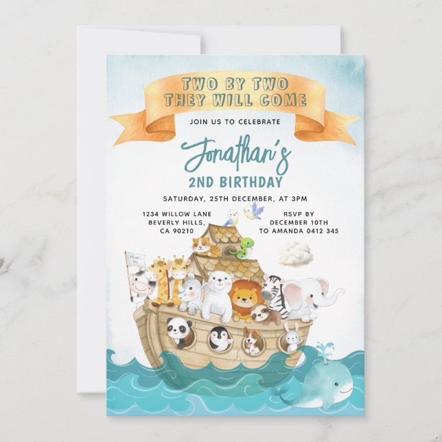 Convites Cute Noah's Ark 2nd Birthday Two By Two Adventure (Frente)