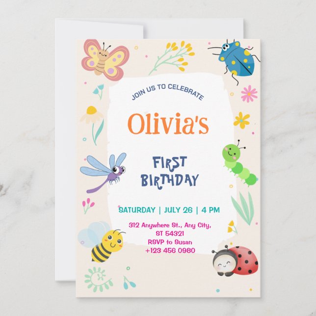 Convites Cute One Bug & Butterflies 1st Birthday Invitation (Frente)