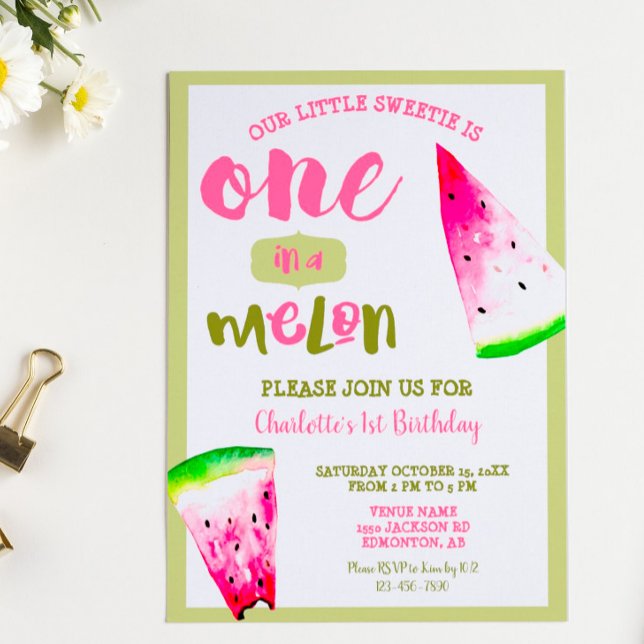 Convites Cute One in a Melon 1º Aniversário Rosa Verde (Criador carregado)