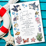 Convites Cute Oneder the Sea Ocean Kids First Birday<br><div class="desc">Celebrar com o fofo que as crianças do oceano marinho convidam no primeiro aniversário apresentando um design de animais marinhos bonitos desenhados à mão no crayon de um tubarão, orca, peixe, água-viva, cavalo, tartaruga marinha, caranguejo e estrela-estrela. O inverso é um fundo azul-marinho. Personalize este convite para atender às suas...</div>