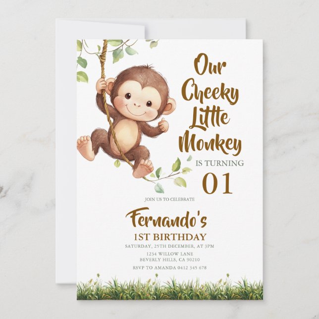 Convites Cute Our Cheeky Little Monkey Safari 1st Birthday  (Frente)