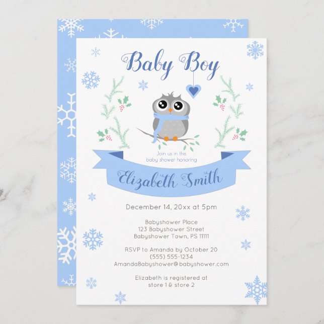 Convites Cute owl baby boy winter babyshower (Frente/Verso)