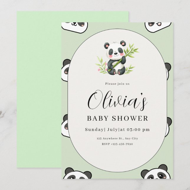 Convites Cute Panda Baby Shower Green Botanical Panda Theme (Frente/Verso)