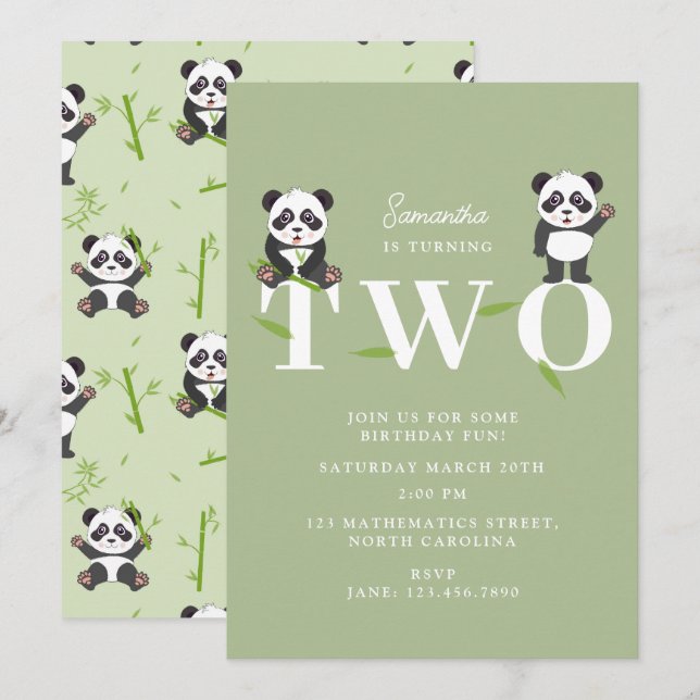 Convites Cute Panda Bear Kawaii Kids Two 2 Birthday (Frente/Verso)