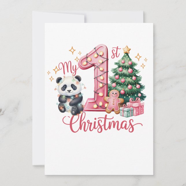 Convites Cute Panda Pink My First Christmas Birthday (Frente)
