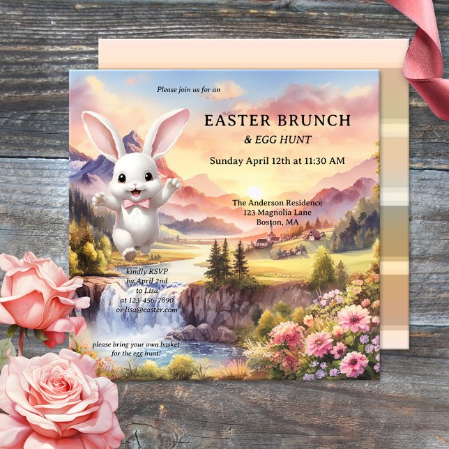 Convites Cute Pastel Bunny Ovo Páscoa Brunch (Easter brunch and egg hunt invitation featuring a pastel landscape painting with a happy bunny)