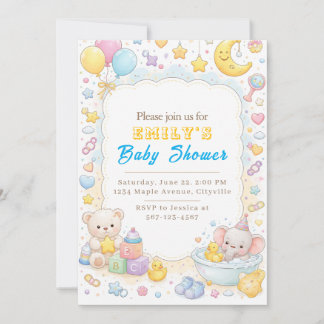 Convites Cute Pastel Teddy Bear & Elephant Baby Shower 