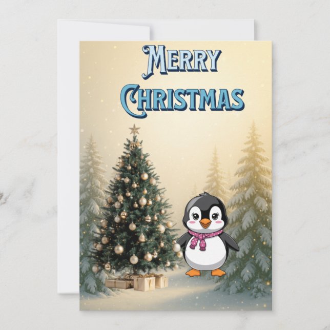 Convites Cute Penguin & Christmas Tree Flat Holiday Card (Frente)