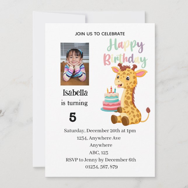 Convites Cute Personalised Giraffe Birthday Party (Frente)