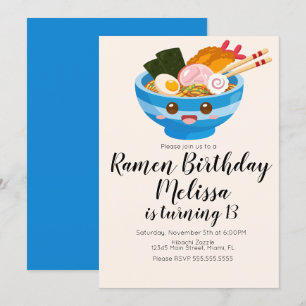 Convites Cute Pho Ramen Oriental de Aniversário Jantar Azul