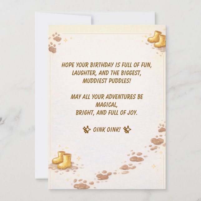 Convites Cute Pig Golden Boots Muddy Puddle Party Kids (Verso)