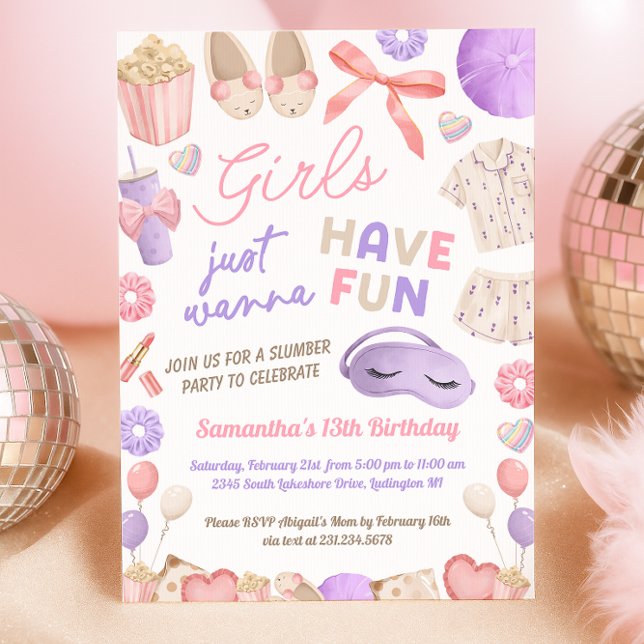 Convites Cute Pink and Purple Slumber Party Birthday (Sleepover Birthday Party Invitation)