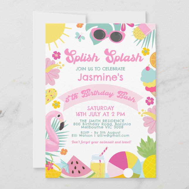 Convites Cute Pink Banner Retro Splish Splash 5th Birthday (Frente)