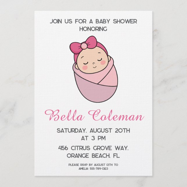 Convites cute pink bow baby shower invitation (Frente)