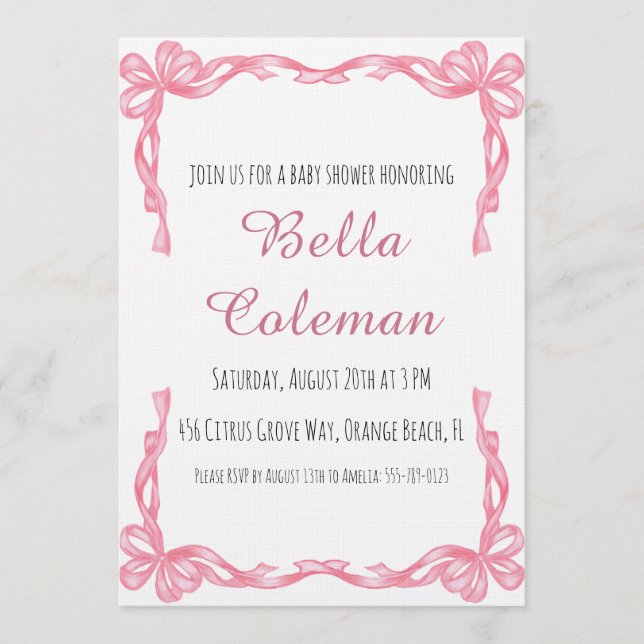 Convites cute pink bow baby shower invitation (Frente)