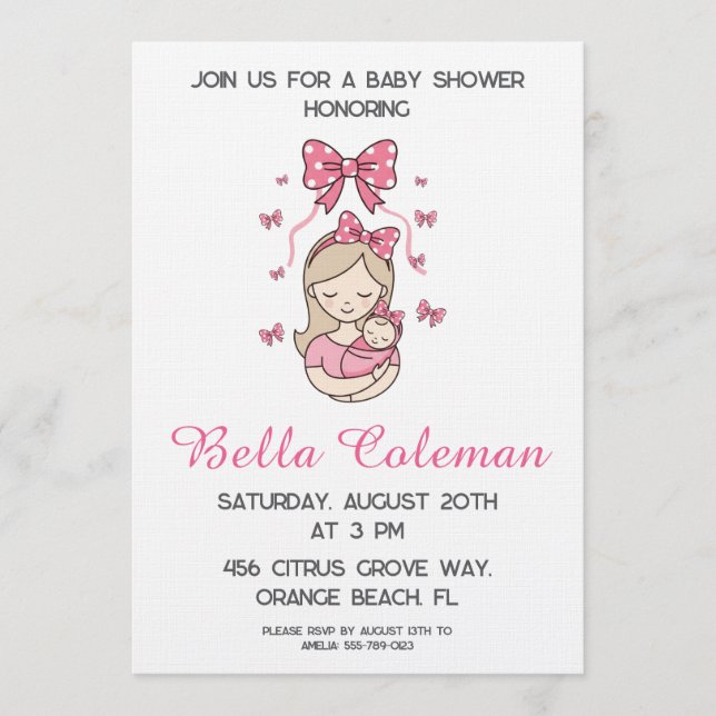 Convites cute pink bow baby shower invitation (Frente)