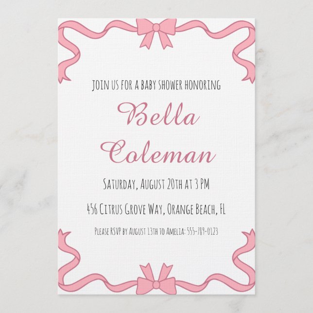 Convites cute pink bow baby shower invitation (Frente)