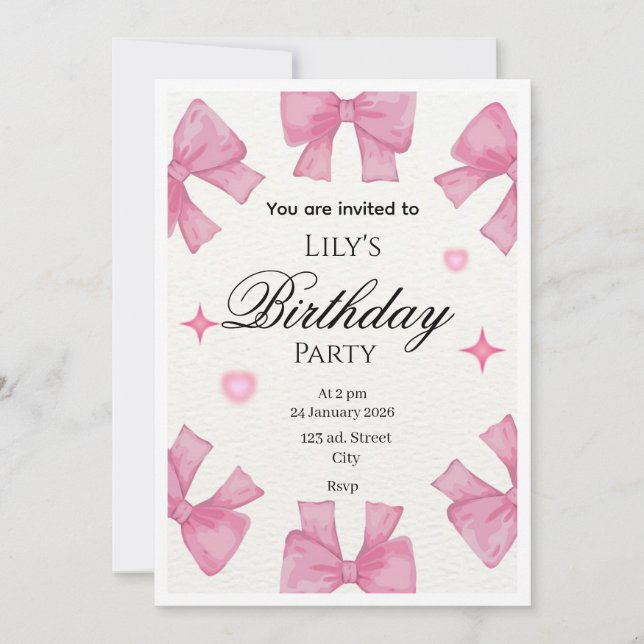Convites Cute Pink Bow Border Greeting Card l invitation  (Frente)