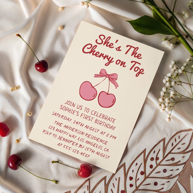 Convites Cute Pink Bow Cherry on Top First Birthday (Criador carregado)