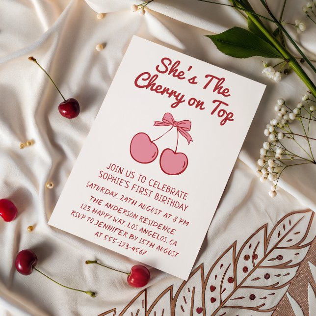 Convites Cute Pink Bow Cherry on Top First Birthday (Criador carregado)