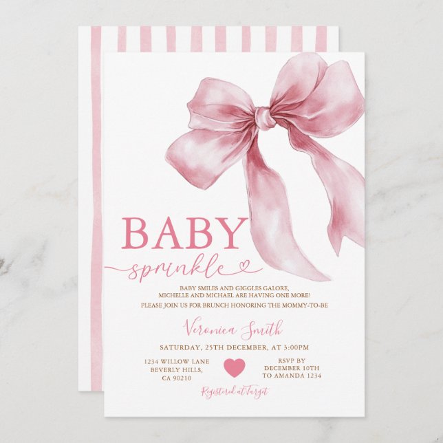 Convites Cute Pink Bow Coquette Baby Sprinkle Baby Shower (Frente/Verso)