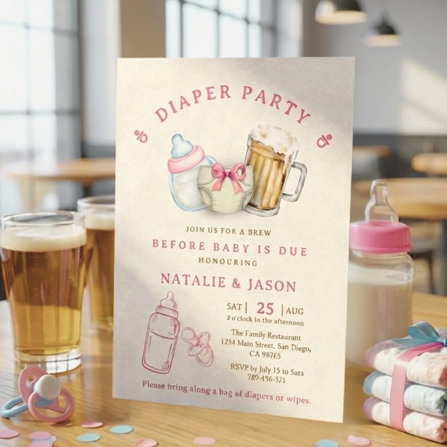 Convites Cute Pink Bow Diaper Beer Baby Shower (Cute Pink Bow Diaper Beer Baby Shower Invitation)
