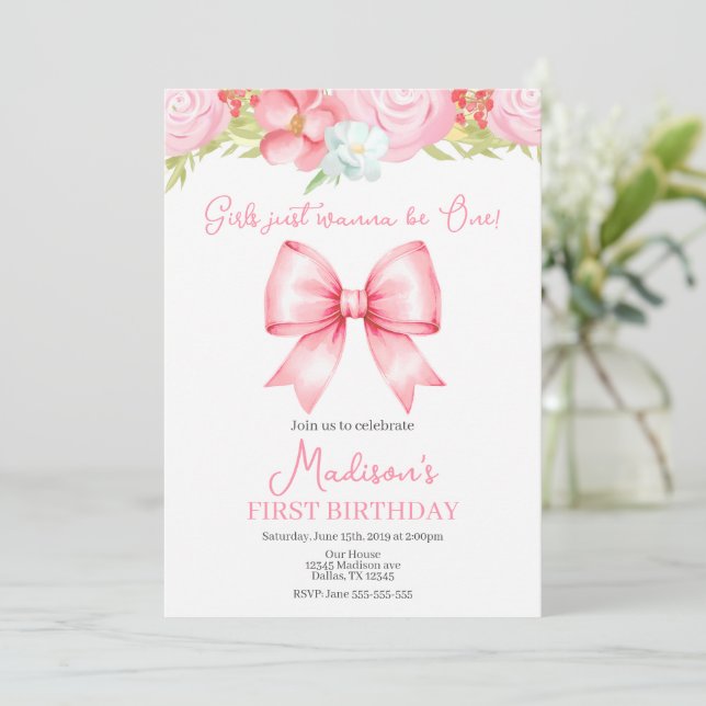 Convites Cute Pink Bow Girl First Birthday Invitation (Em pé/Frente)