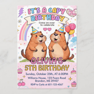 Convites Cute Pink Capy Birthday - Girly Capybara Birthday