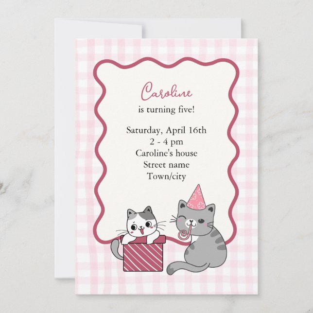Convites Cute Pink Cat Kid's Birthday Party (Frente)