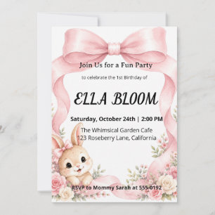Convites Cute Pink Coquette Bow Bunny Aniversário de 1 ano