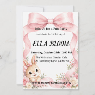 Convites Cute Pink Coquette Bow Bunny Aniversário de 1 ano