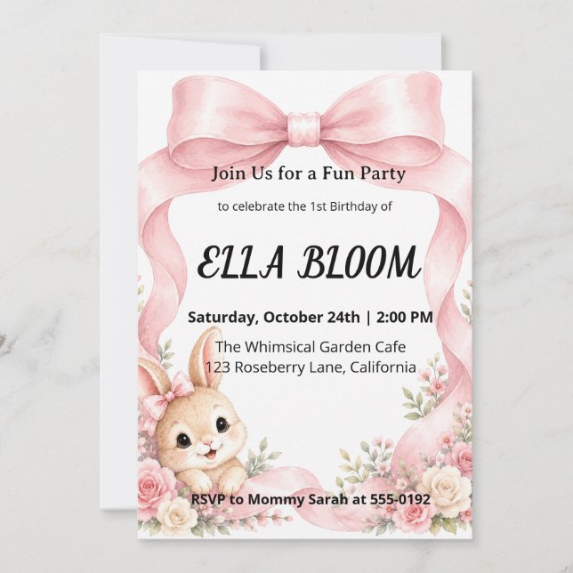 Convites Cute Pink Coquette Bow Bunny Aniversário de 1 ano (Frente)