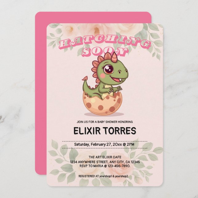 Convites Cute Pink Dino Hatching Soon (Frente/Verso)