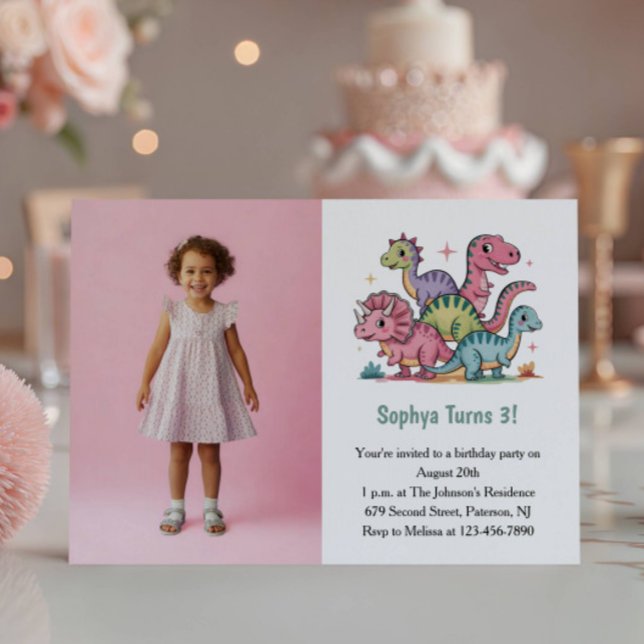Convites Cute Pink Dinosaur Photo Kids 3rd Birthday Party (Criador carregado)